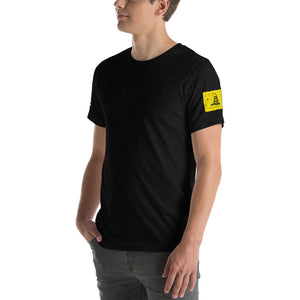 Ruck & Rotor large logo with Gadsden and USA Flags poly-blend Short-Sleeve Unisex T-Shirt